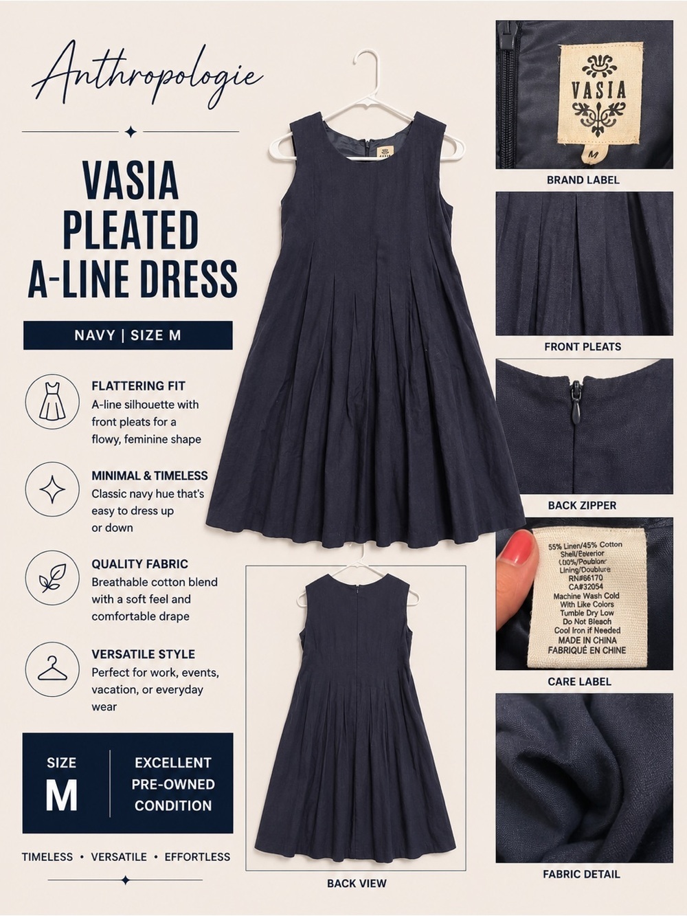 Anthropologie Vasia Pleated A-Line Dress - Navy